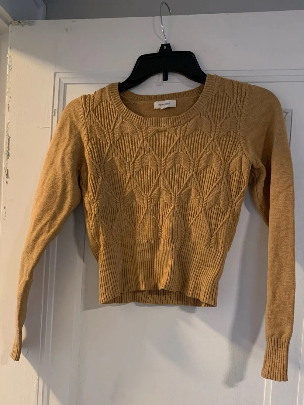 Small No Comment Textured Crewneck Sweater - Camel